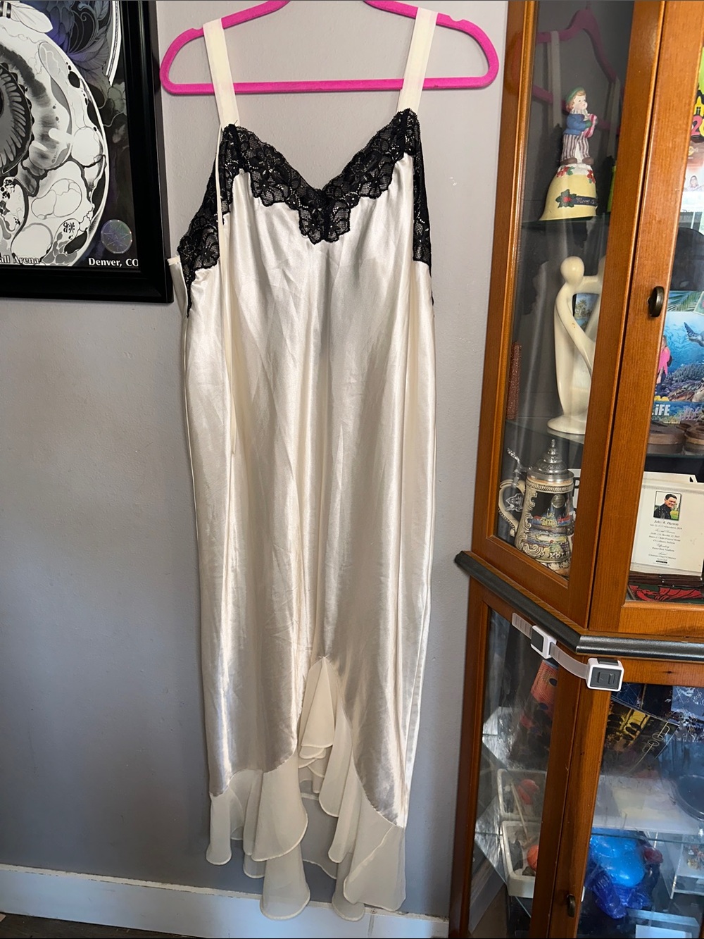 Ivory Satin Chemise with Black Lace Trim